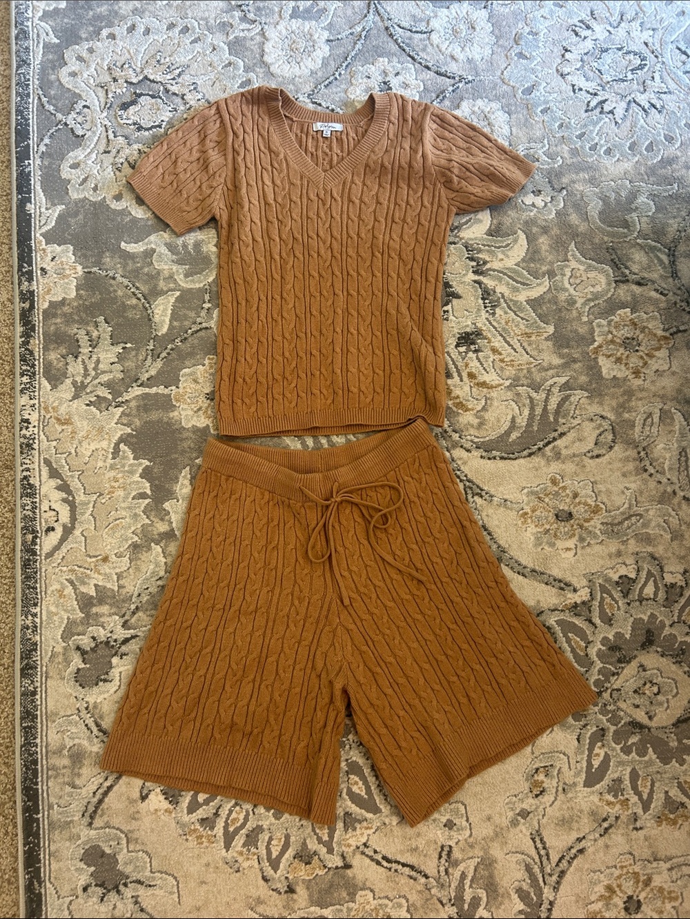 Cable Knit Short Set in Camel Color